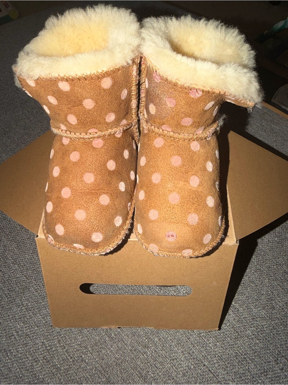 UGG Kids Polka Dot Suede Booties in Camel and Pink